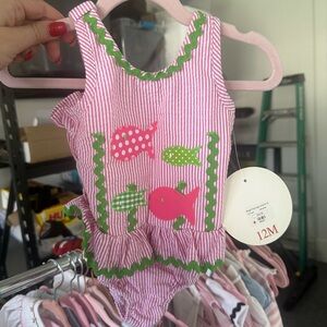 Baby Girl's Pink Striped Fish Swimsuit 12M
